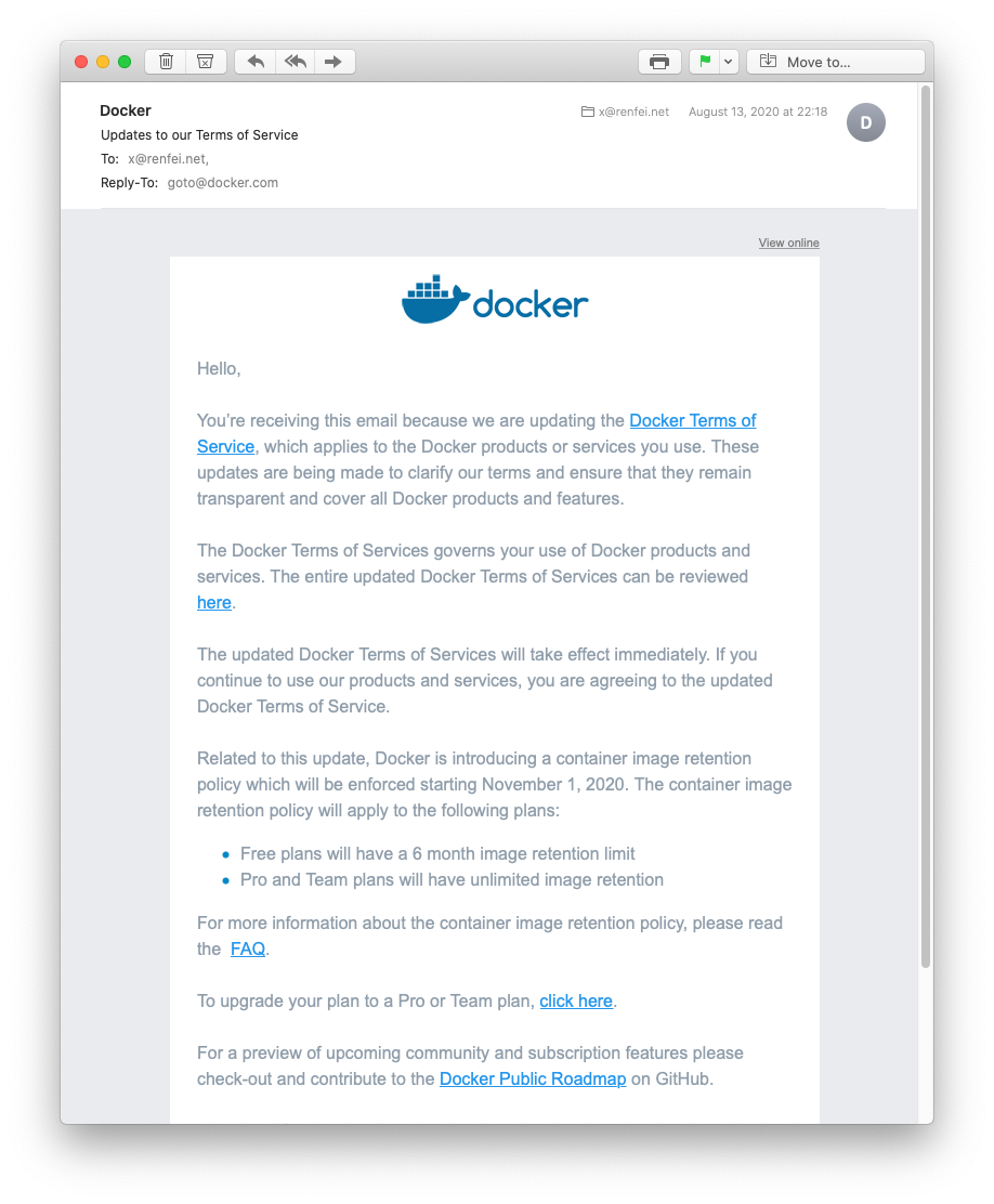 Docker更新服务条款的通知邮件