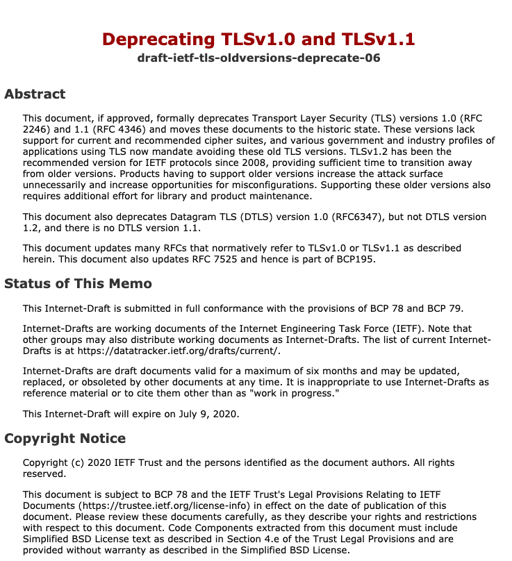 国际互联网工程任务组（IETF）提议弃用TLS 1.0 和 TLS 1.1